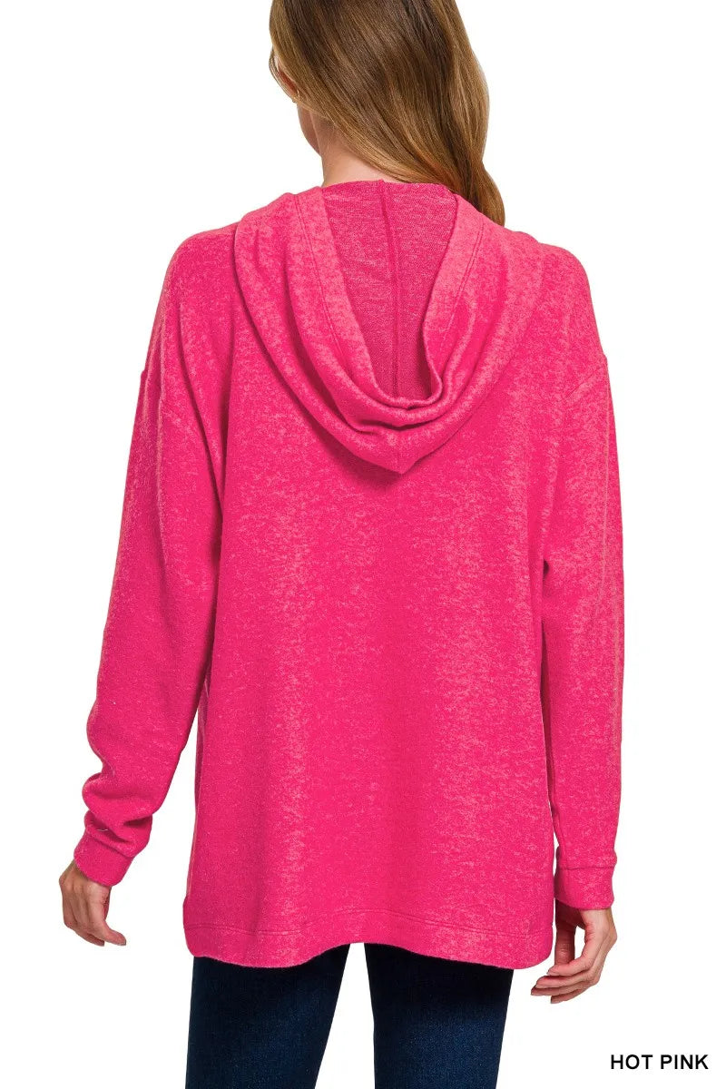 Zenana Hooded Brushed Melange Hacci Sweater HOT PINK / S/M 