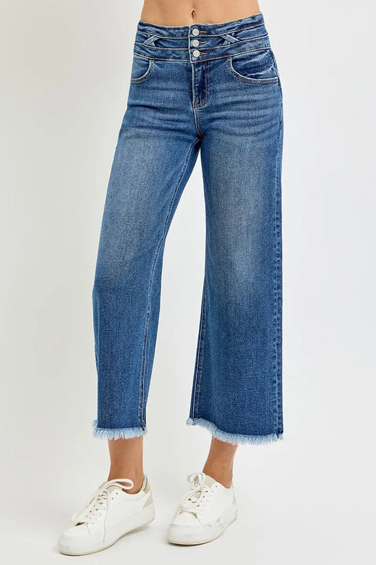RISEN High Rise Crop Wide Leg Jeans with Wide Band Detail DARK / 0 