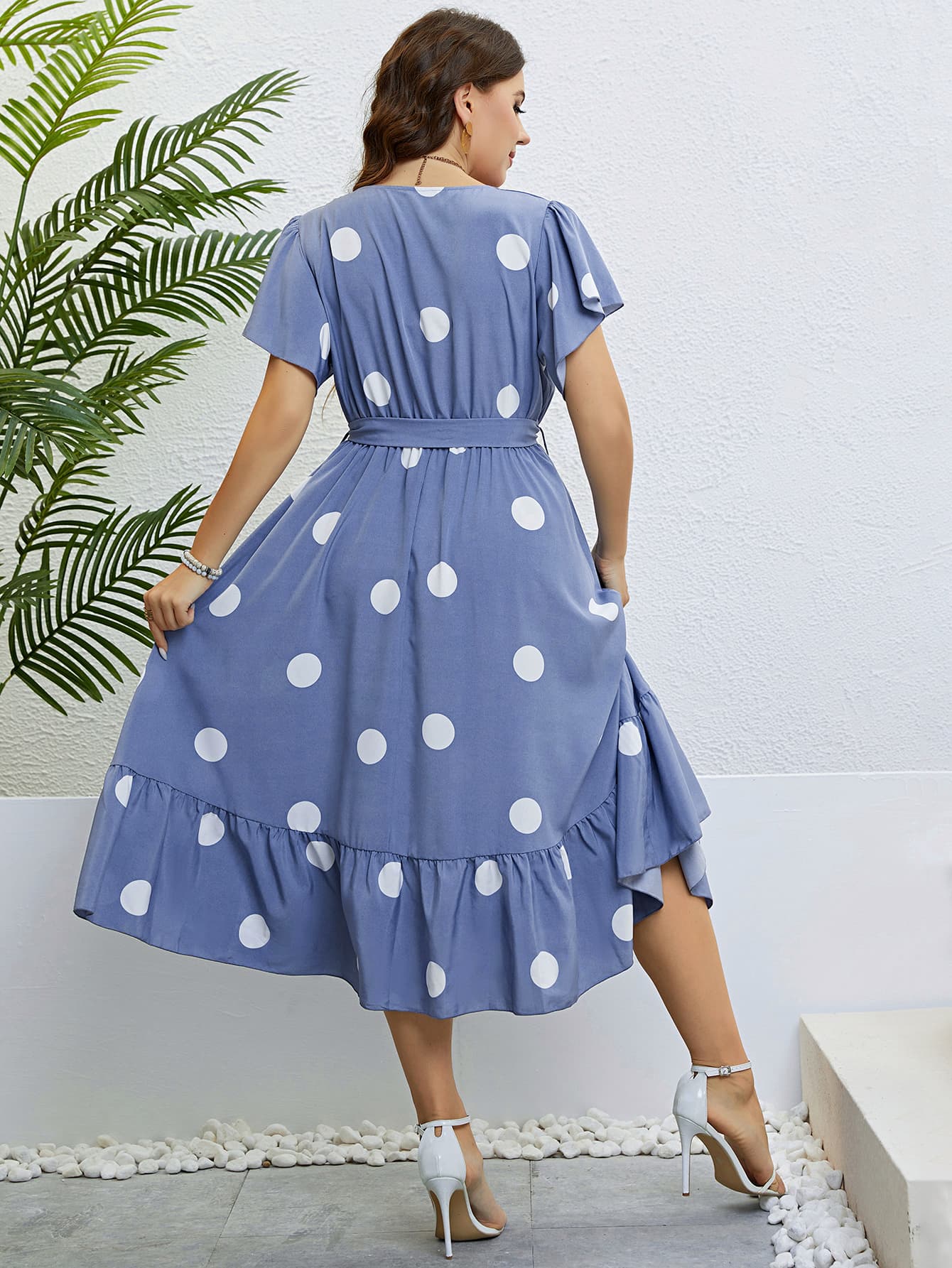 Honey Polka Dot Belted Flutter Sleeve Ruffle Hem Dress Blue Purple / 1X 