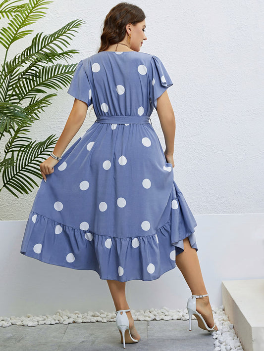 Honey Polka Dot Belted Flutter Sleeve Ruffle Hem Dress Blue Purple / 1X 