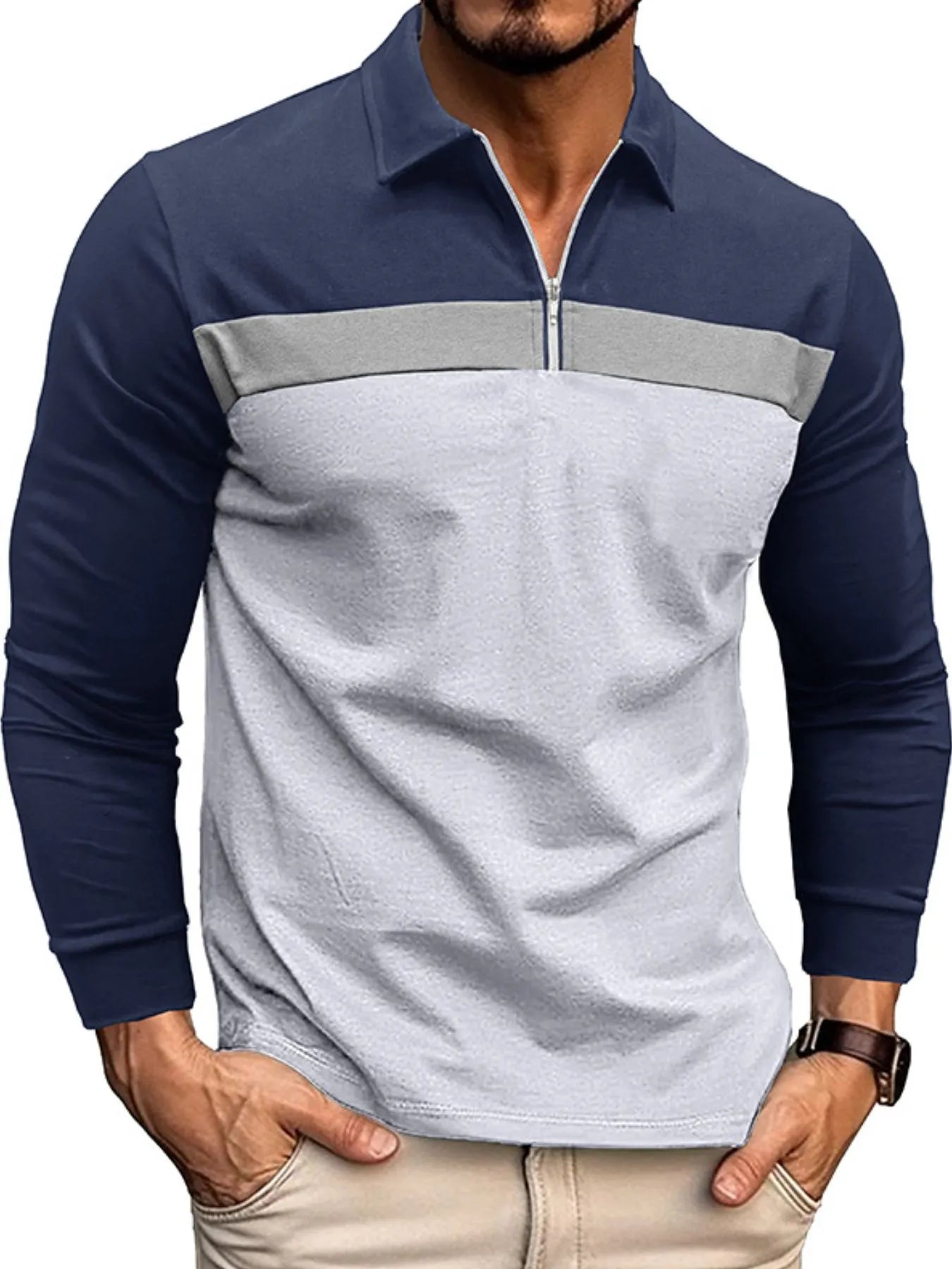 Men's Color Block Long Sleeve Polo Shirt Navy / S 