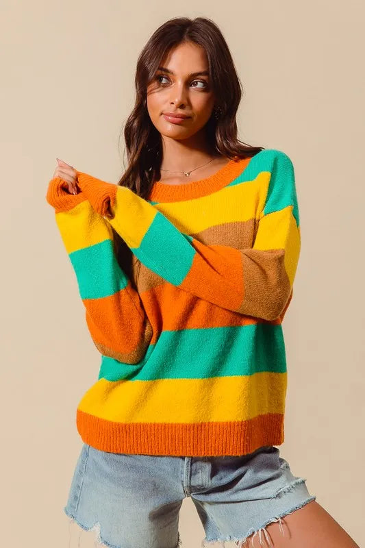 SO ME Multi Color Stripe Sweater with Ribbed Detail RUS/JAD/MUST/COFF / S 