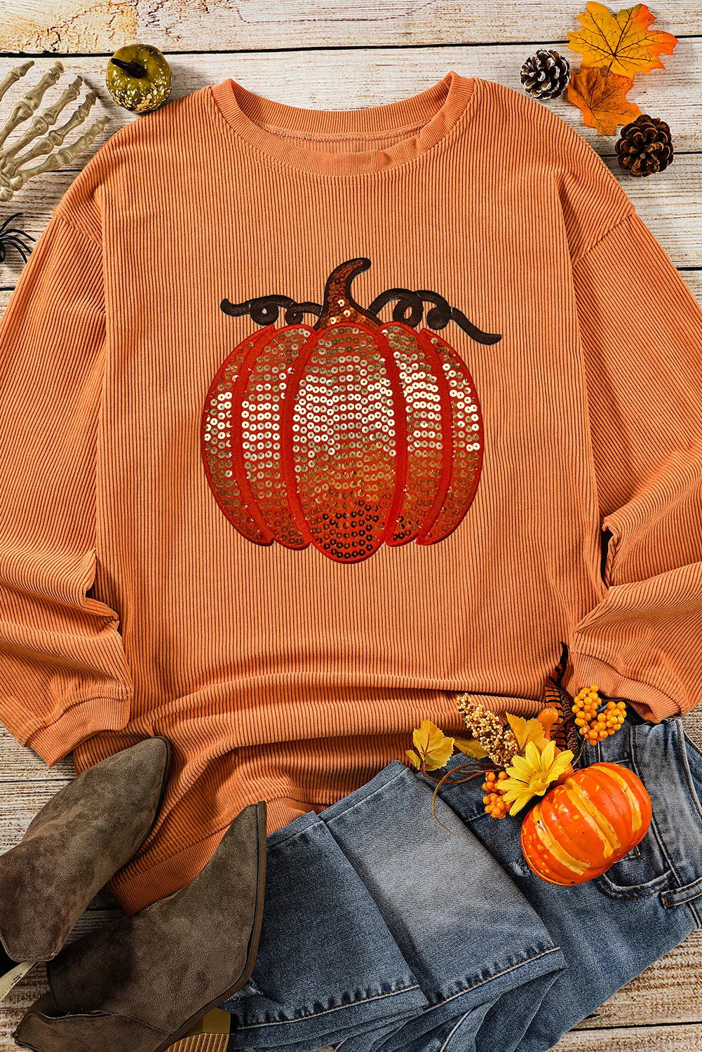 Sequin Pumpkin Round Neck Long Sleeve Sweatshirt Sherbet / S 