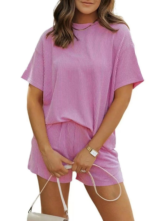 Full Size Ribbed Short Sleeve Top and Shorts Two-Piece Set Plus Size Purple / S 
