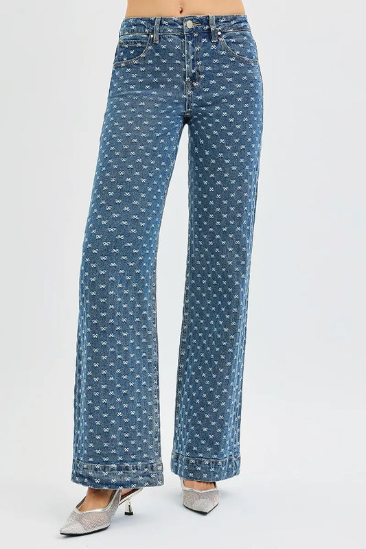 RISEN High Rise Wide Leg Bow Embroidered Jeans DARK / 0 