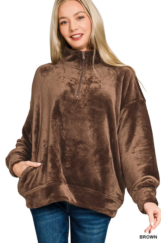 Zenana Faux Fur Half Zip Pocket Pullover BROWN / S 