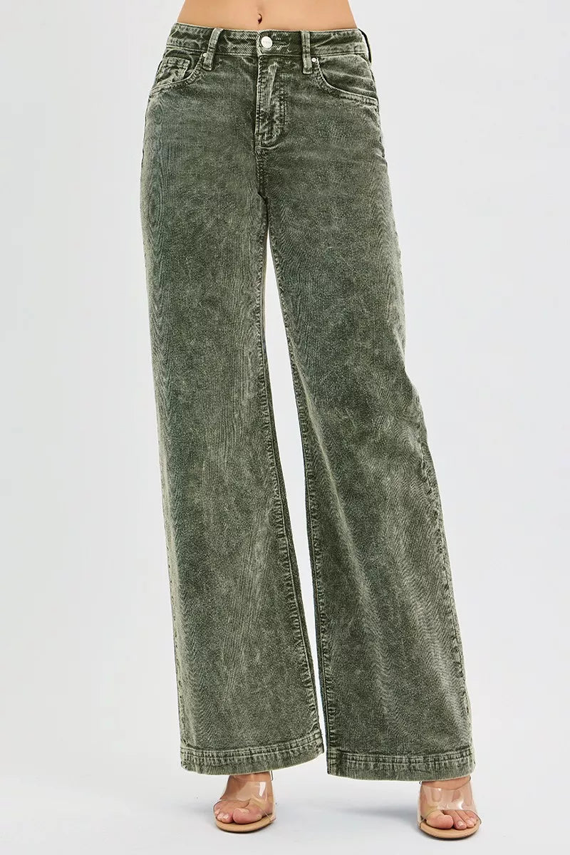 RISEN Full Size High Rise Wide Leg Corduroy Jeans Plus Size FOREST / 0 