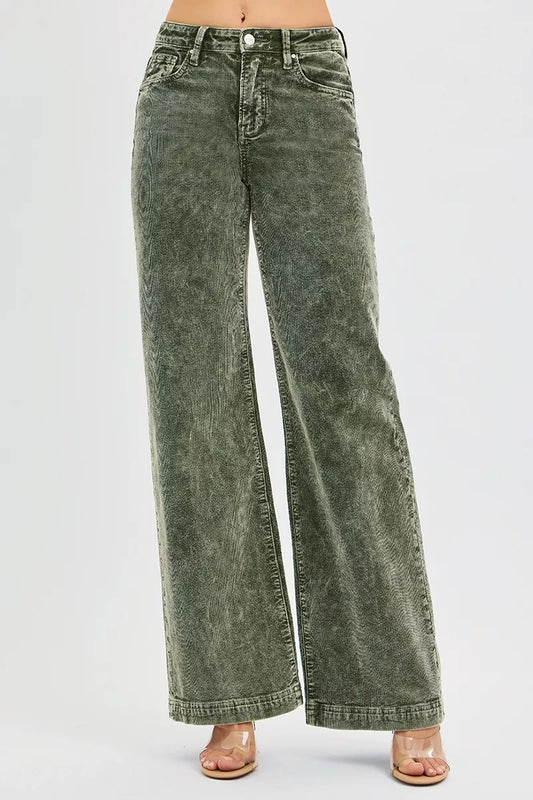 RISEN Full Size High Rise Wide Leg Corduroy Jeans Plus Size FOREST / 0 