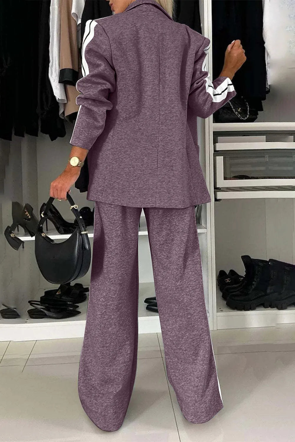 Full Size Contrast Lapel Collar Top and Pants Set Light Gray / S 