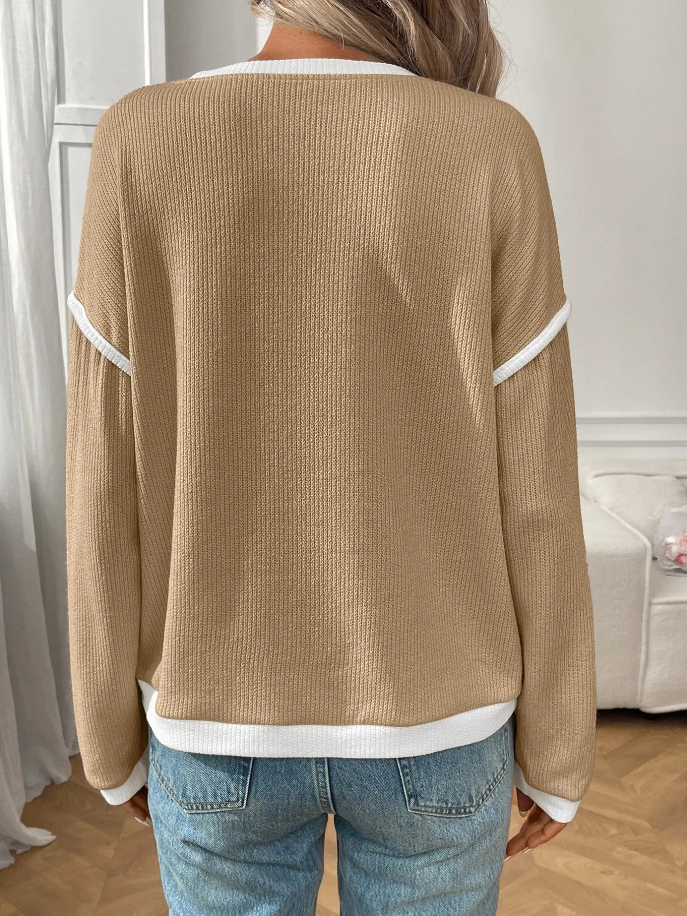 Ribbed Contrast Trim Long Sleeve Top Blush Pink / S 