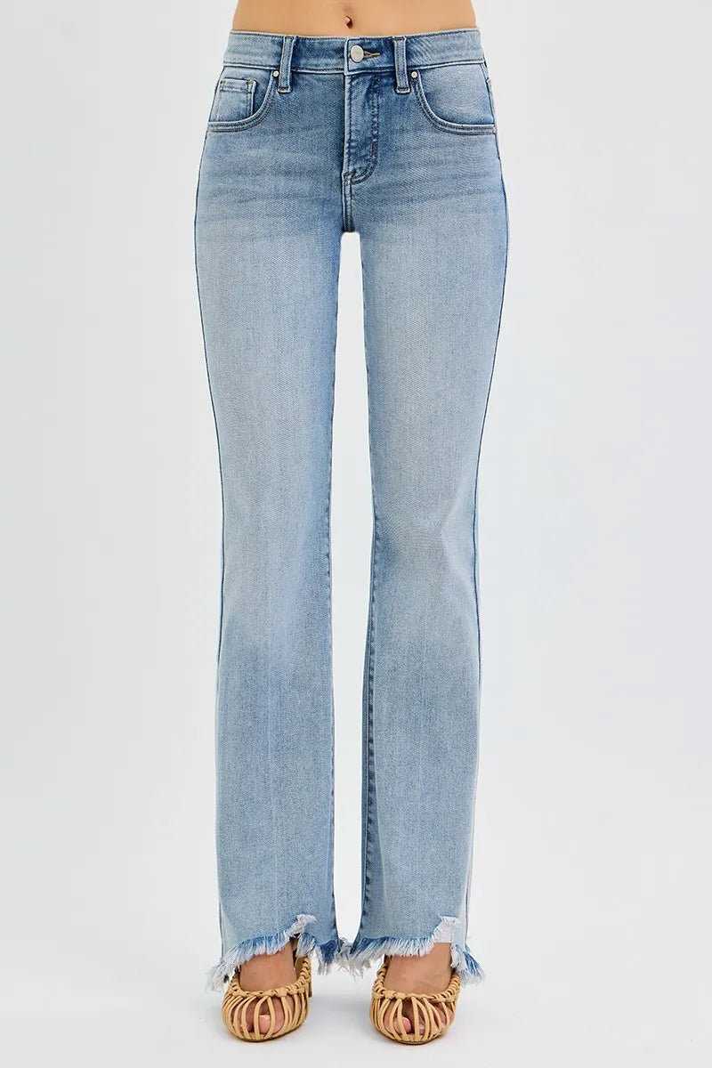 RISEN Full Size Tummy Control Mid Rise Flare Jeans with Fray Hem Detailed Plus Size MEDIUM / 0 