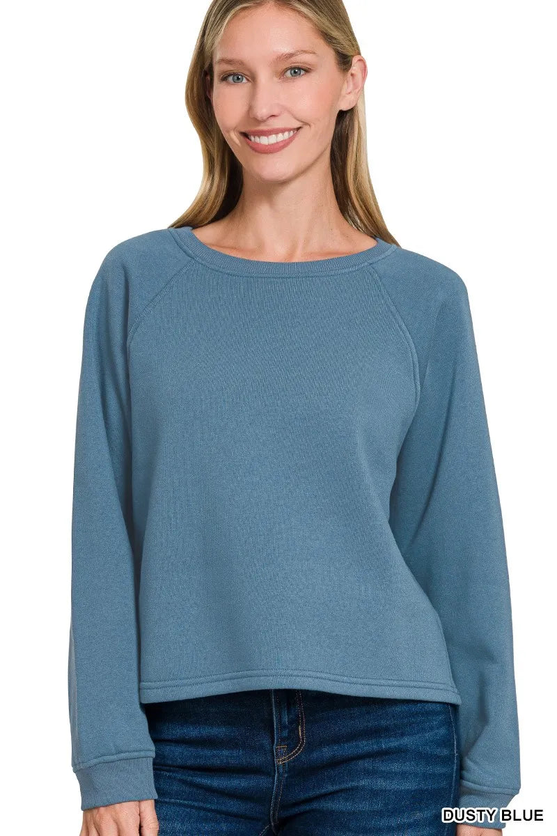 Zenana Fleece Raglan Round-Neck Sweatshirt DUSTY BLUE / S 