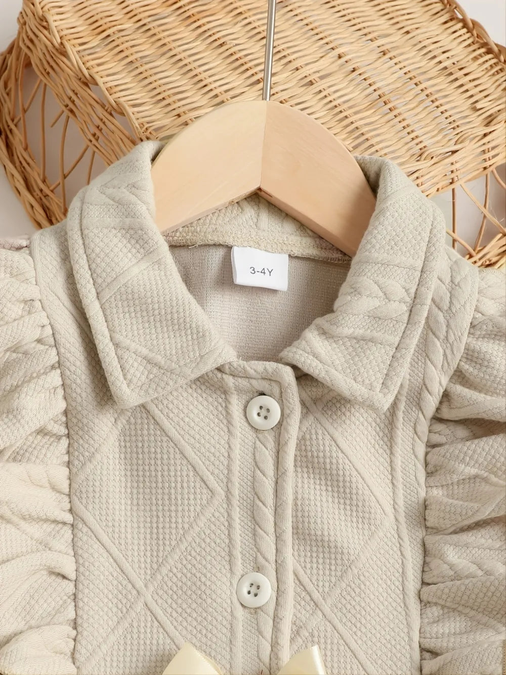 Children's Ruffled Bow Collared Neck Dress Beige / 12-18M 