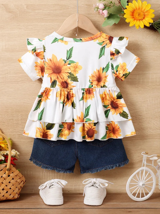 Children's Sunflower Ruffled Short Sleeve Top and Shorts Set Floral / 6-9M 