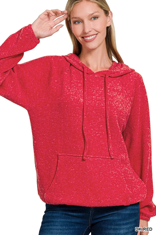 Zenana Brushed Hacci Melange Hooded Sweater DK RED / S 