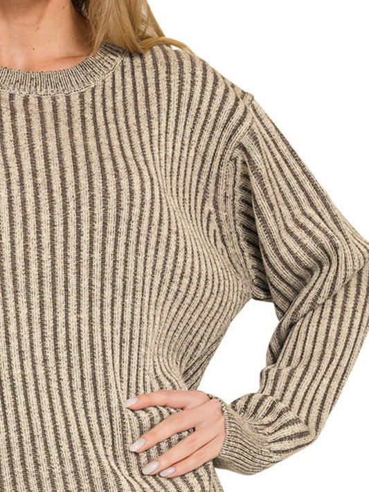 Zenana Curved Hem Two-Tone Ribbed Sweater BROWN / S 