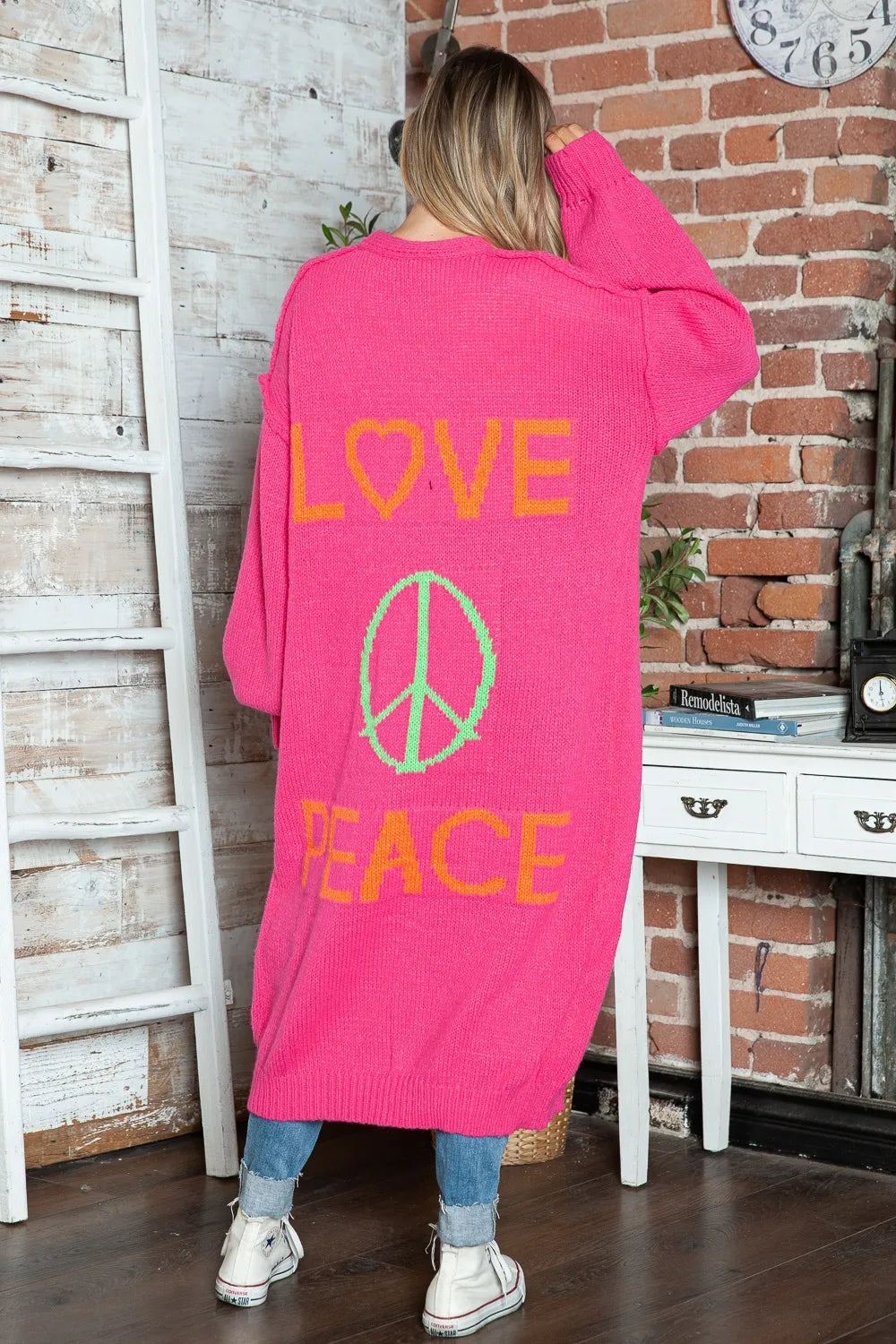 Letter Dropped Shoulder Long Sleeve Cardigan Deep Rose / S/M 