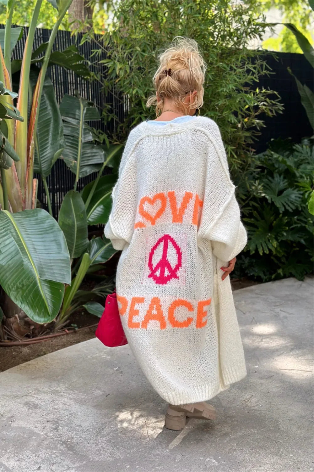 Letter Dropped Shoulder Long Sleeve Cardigan Deep Rose / S/M 