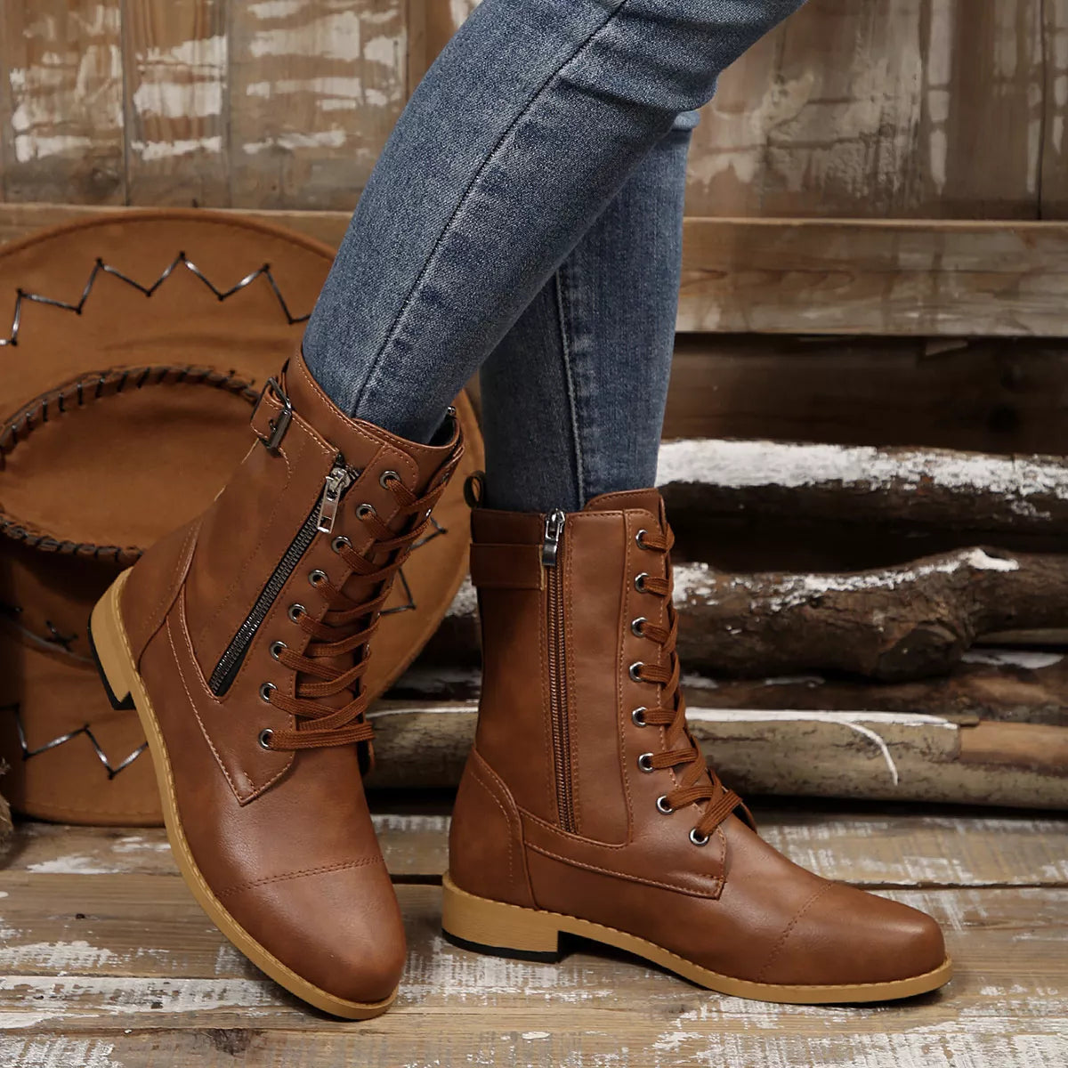 Round Toe Block Heels Boots Brown / 36 