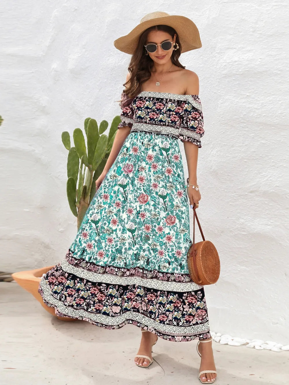 Floral Flounce Sleeve Midi Dress Caramel / S 
