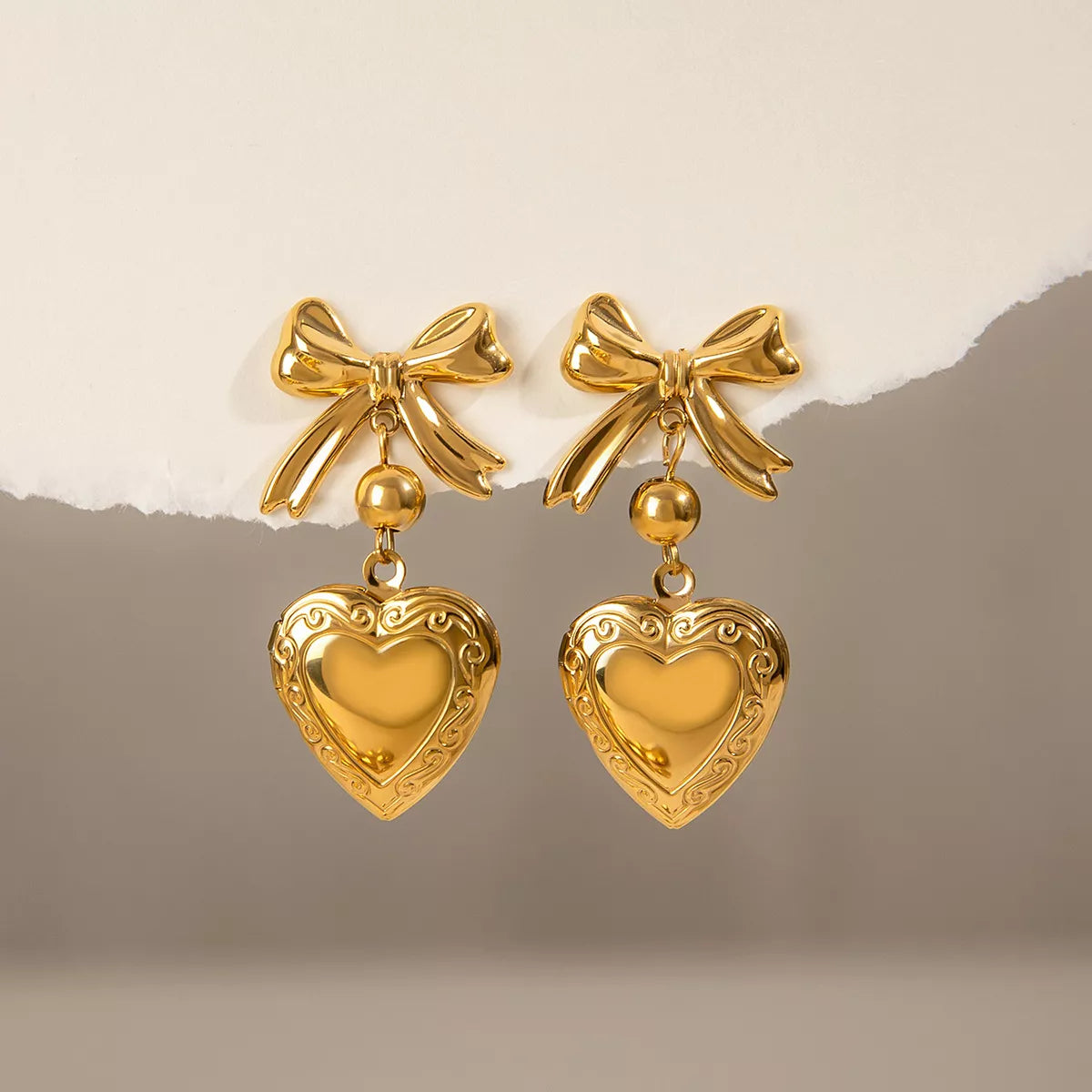 18K Gold-Plated Bow Heart Drop Earrings Gold / One Size 