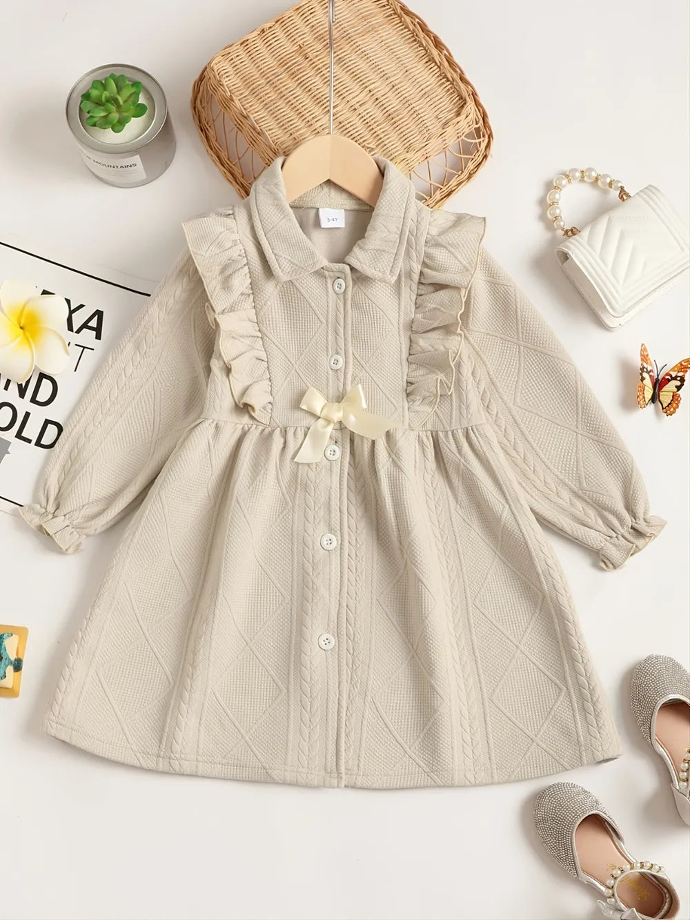 Children's Ruffled Bow Collared Neck Dress Beige / 12-18M 