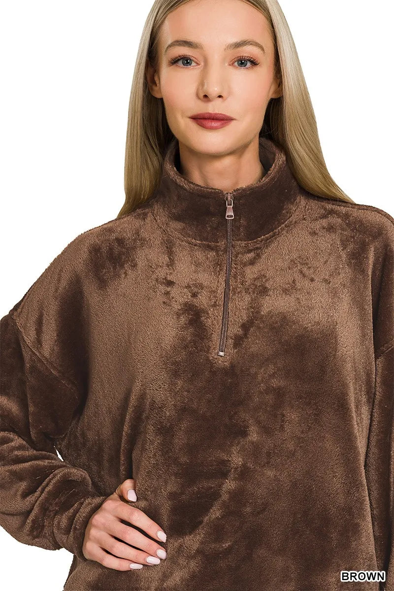 Zenana Faux Fur Half Zip Pocket Pullover BROWN / S 