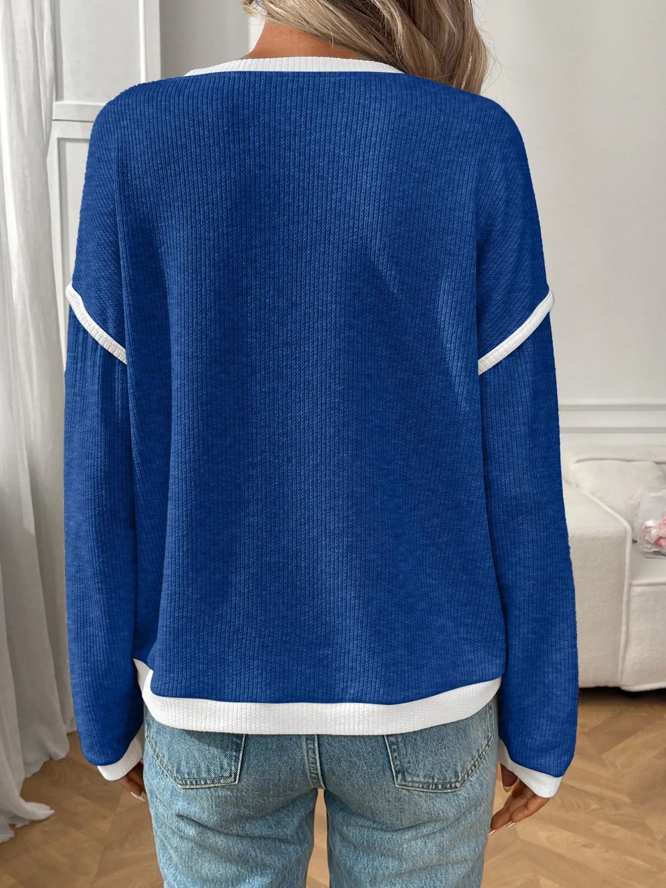 Ribbed Contrast Trim Long Sleeve Top Blush Pink / S 