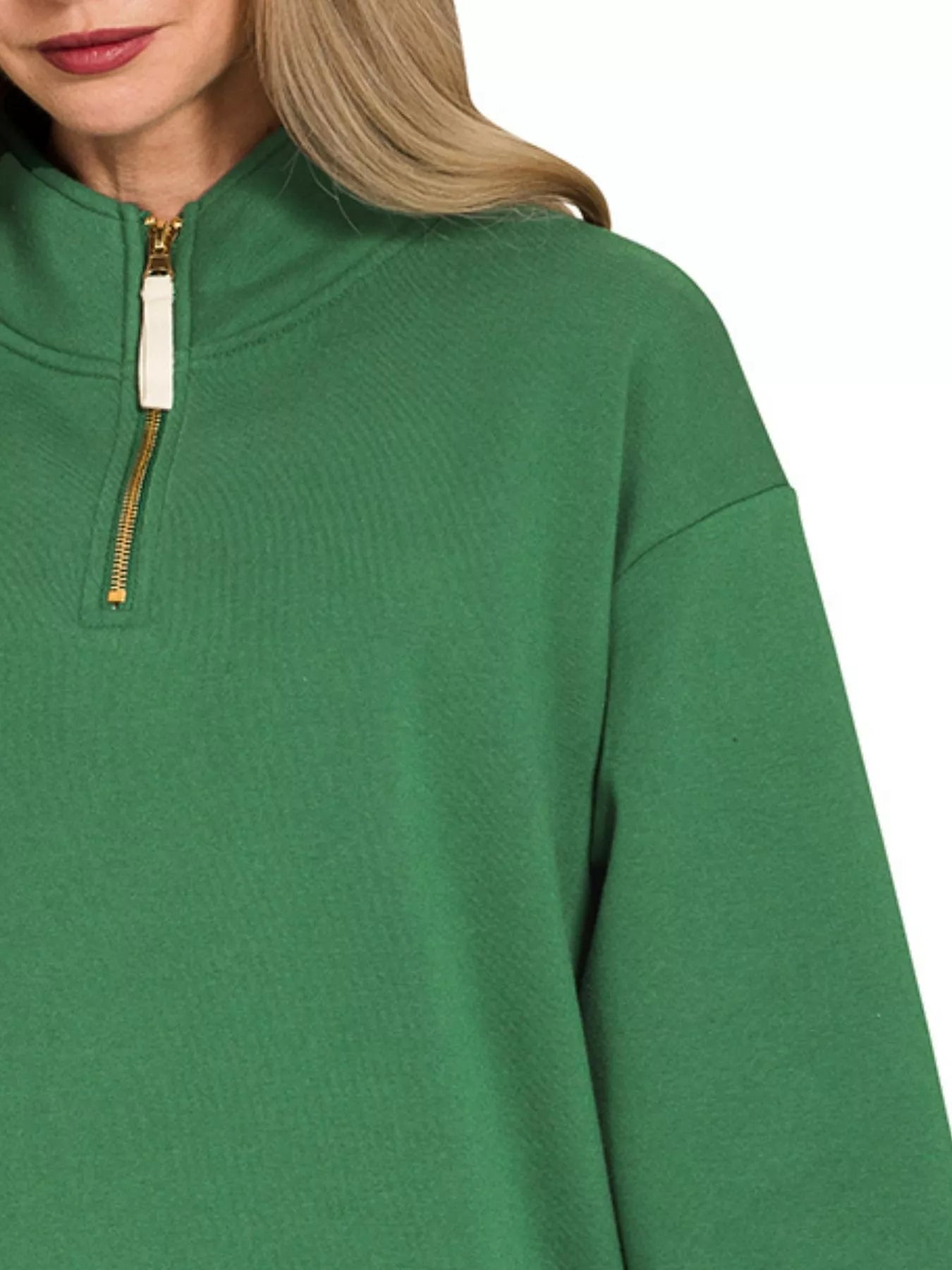 Zenana Fleece Half Zip Sweatshirt DK GREEN / S 