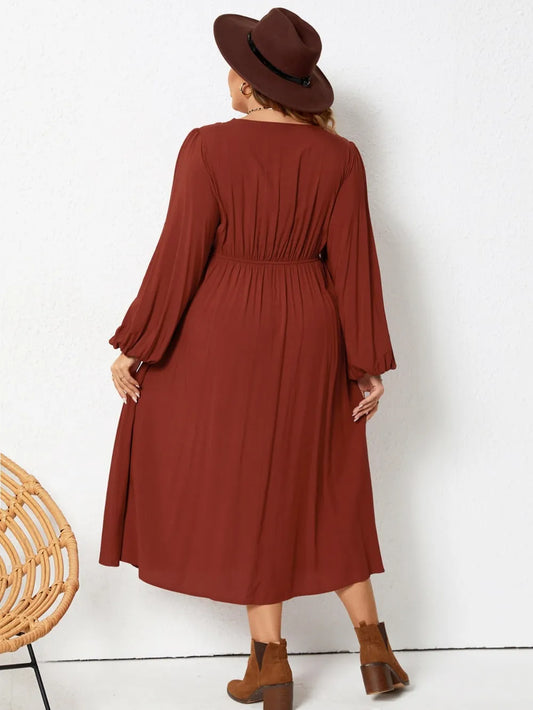 Plus Size Lace Detail V-Neck Balloon Sleeve Dress Brown / 0XL 