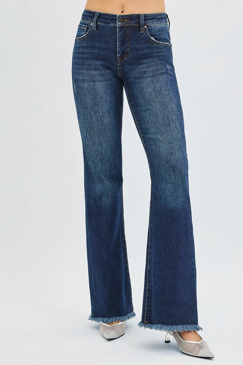 RISEN Full Size Tummy Control Mid Rise Flare Jeans Plus Size DARK / 0 