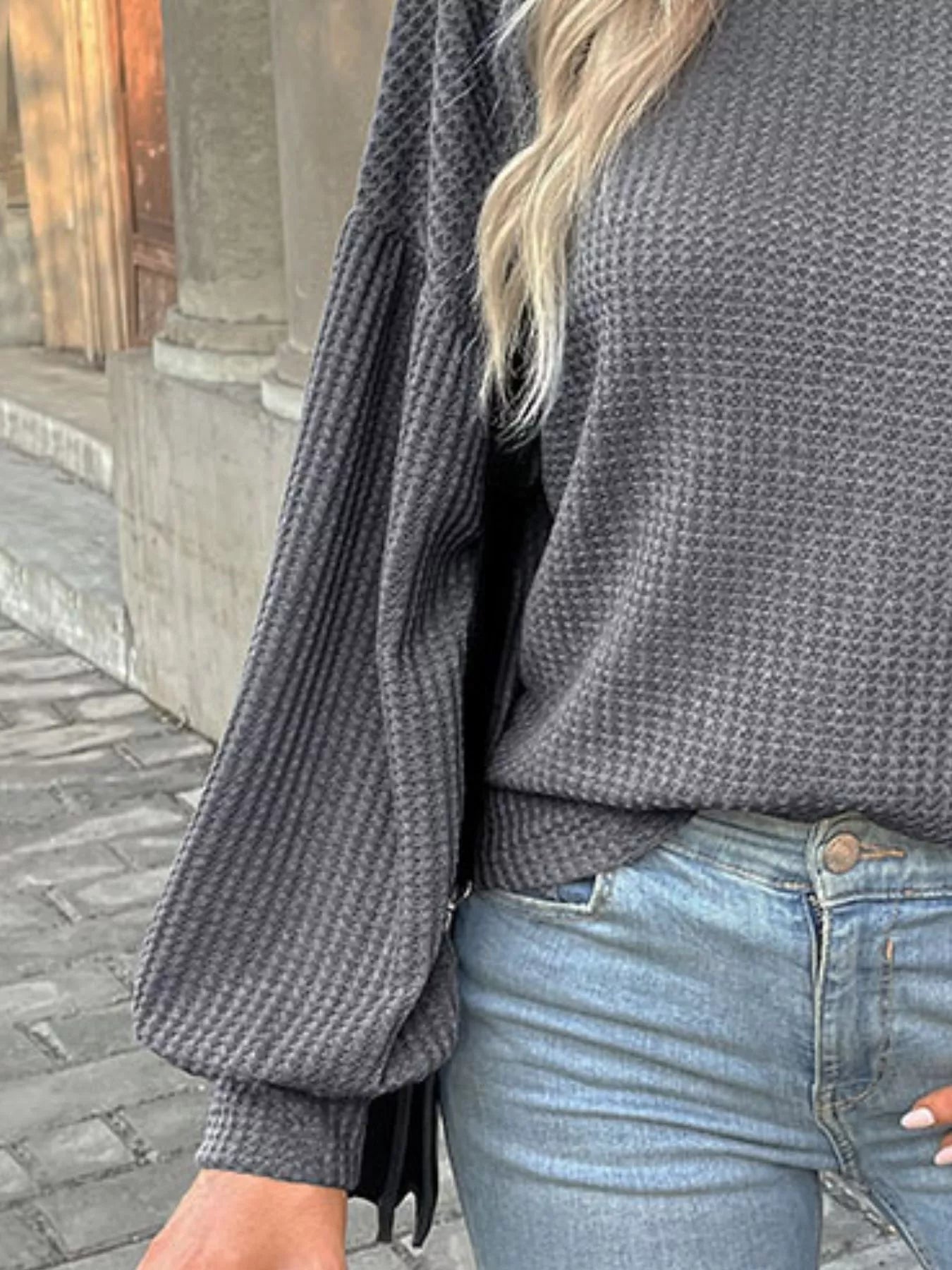 Waffle Knit Round Neck Top Gray / S 