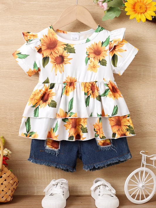 Children's Sunflower Ruffled Short Sleeve Top and Shorts Set Floral / 6-9M 