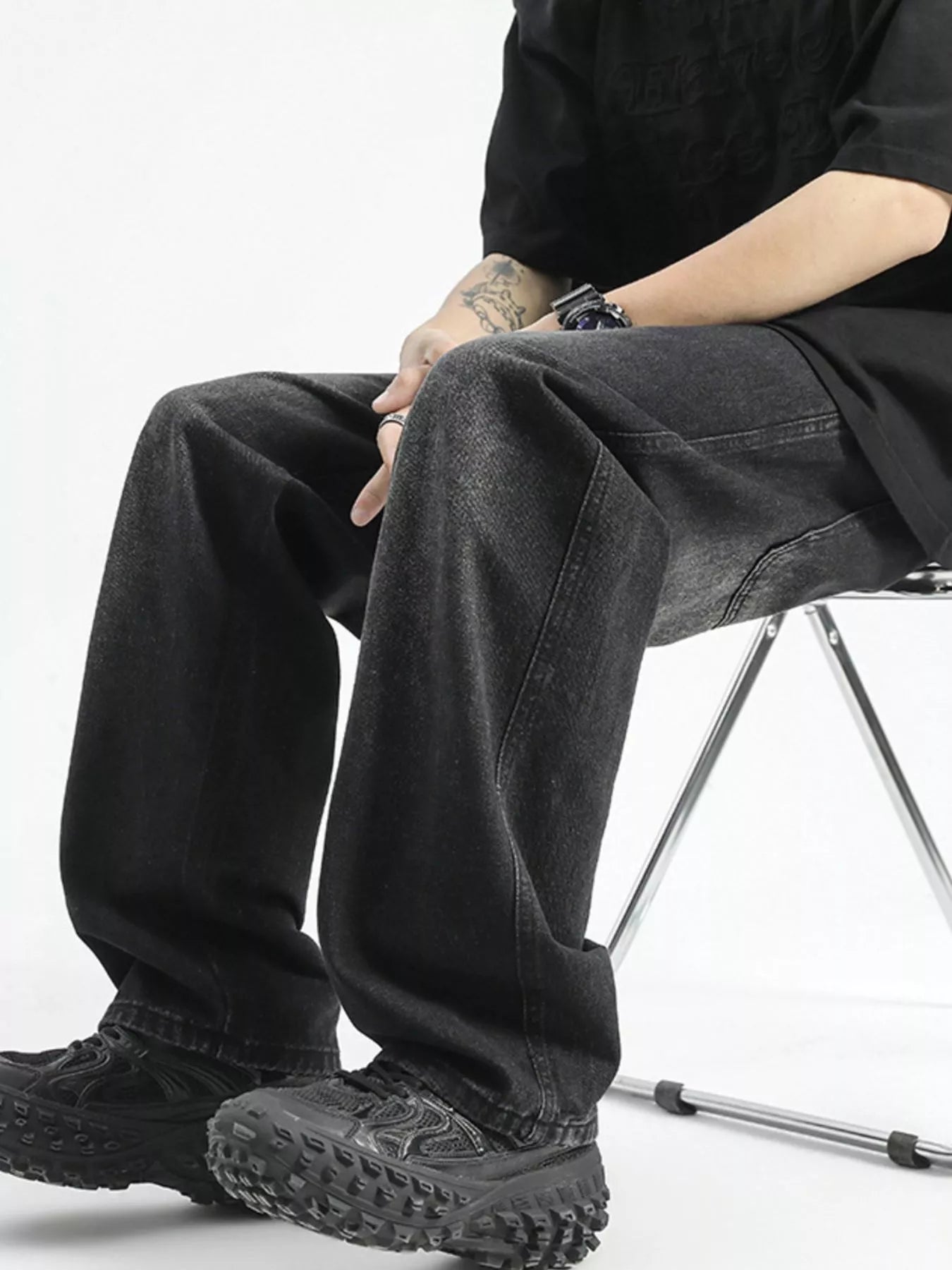 Men's Full Size Washed Wide Leg Drawstring Jeans Plus Size Polished Gray / S 