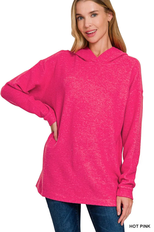 Zenana Hooded Brushed Melange Hacci Sweater HOT PINK / S/M 