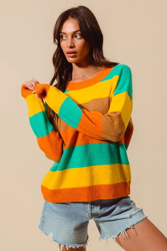 SO ME Multi Color Stripe Sweater with Ribbed Detail RUS/JAD/MUST/COFF / S 