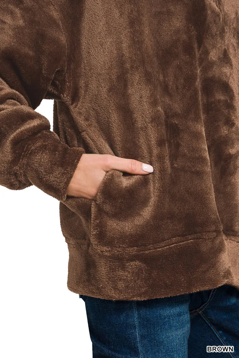 Zenana Faux Fur Half Zip Pocket Pullover BROWN / S 