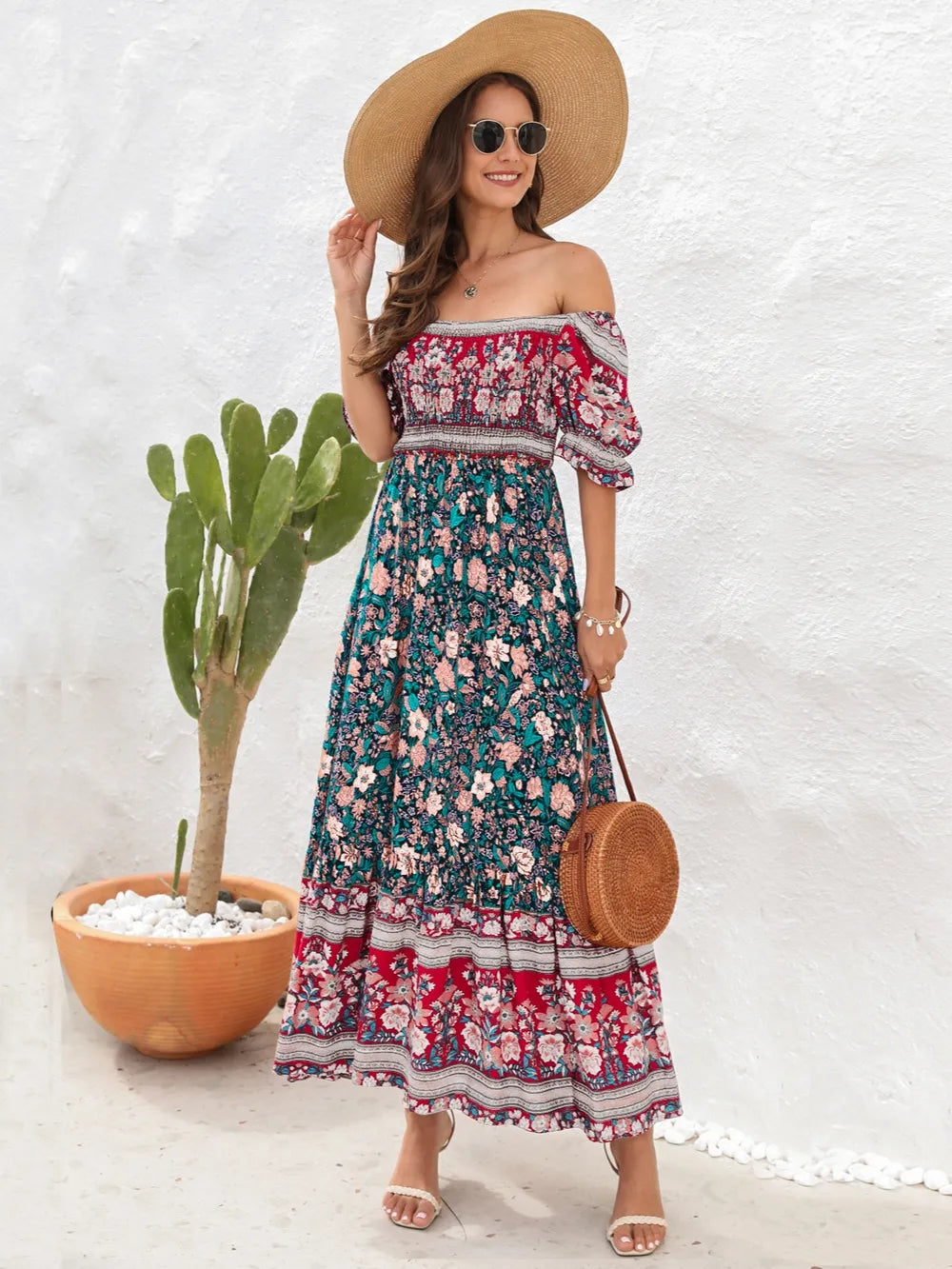 Floral Flounce Sleeve Midi Dress Caramel / S 