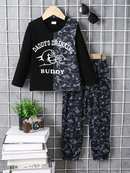 Children's Camouflage Color Block Top and Pants Set Black / 2-3 