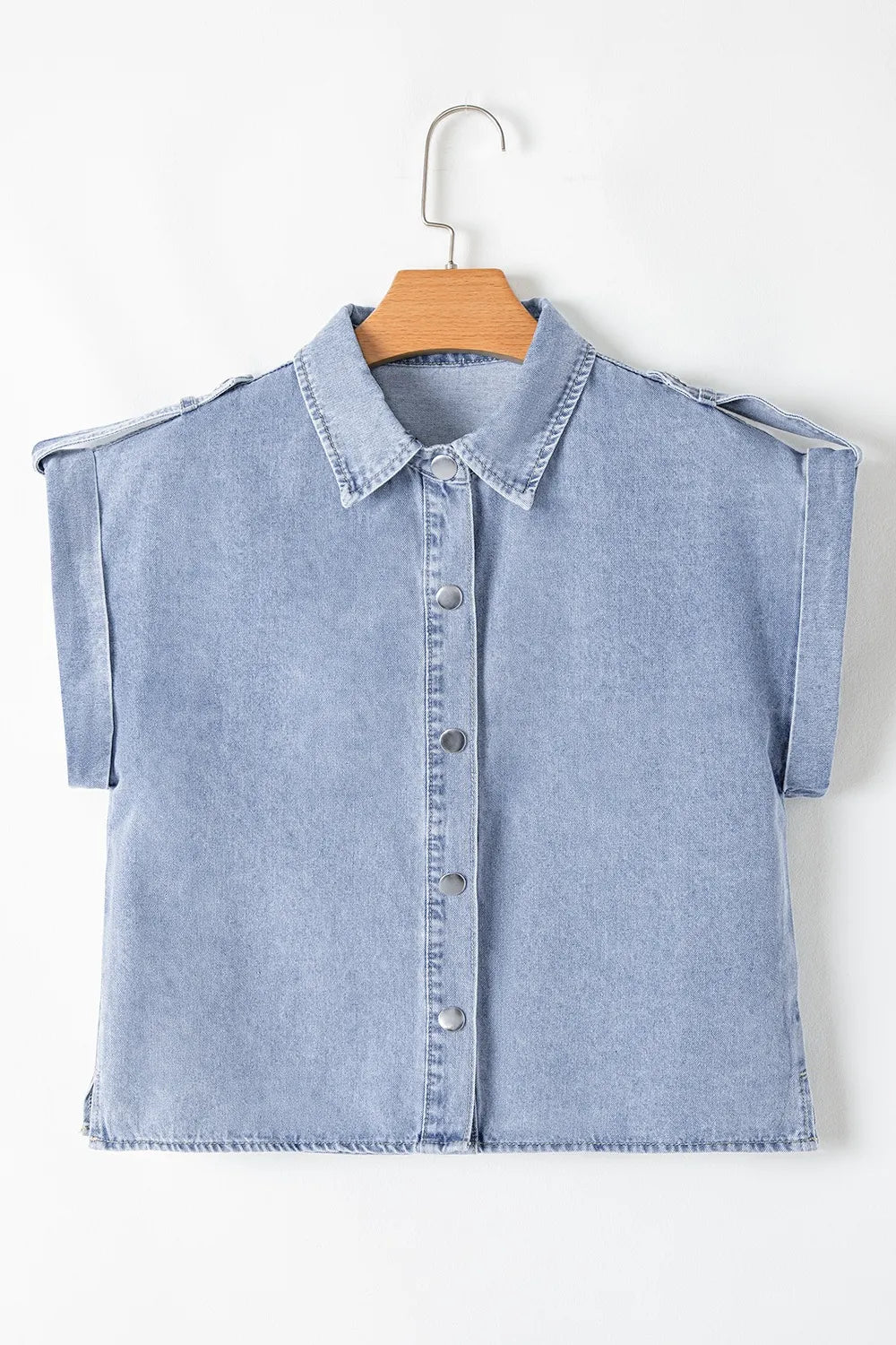 Snap Down Cap Sleeve Denim Top Light Blue / S 