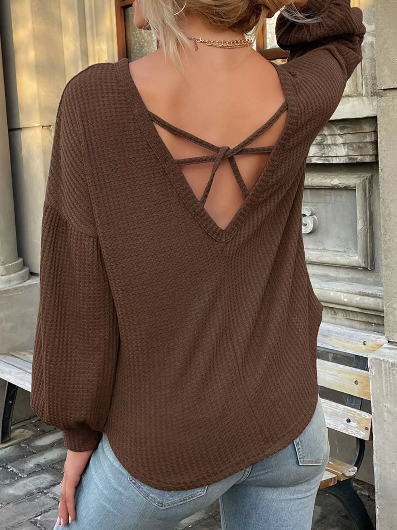 Waffle Knit Round Neck Top Gray / S 