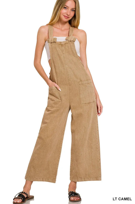 Zenana Washed Knot Strap Pockets Jumpsuit LT CAMEL / S 