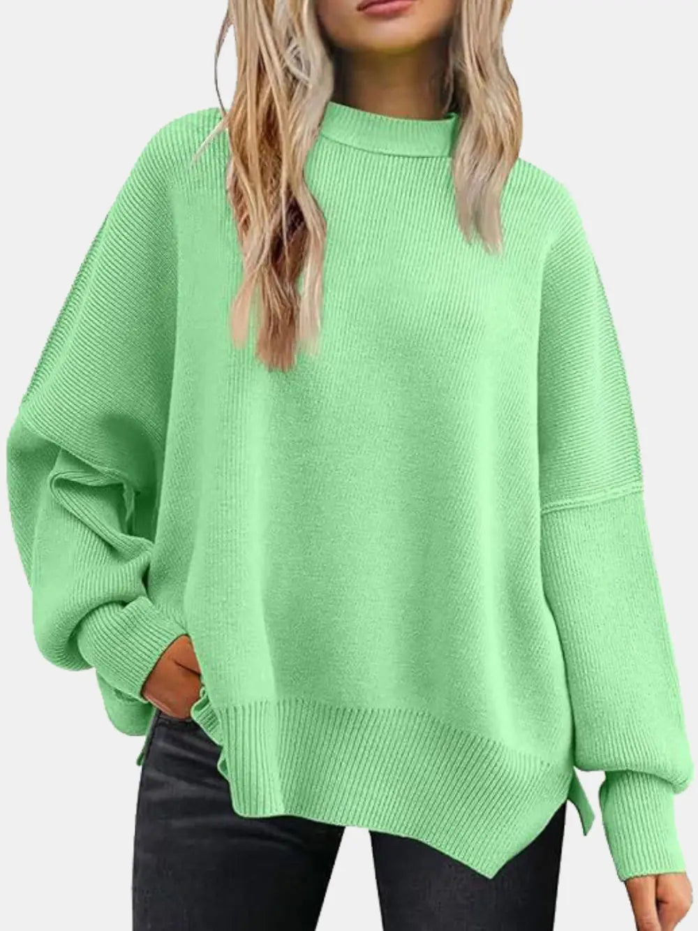 Round Neck Drop Shoulder Slit Sweater Sage / S 