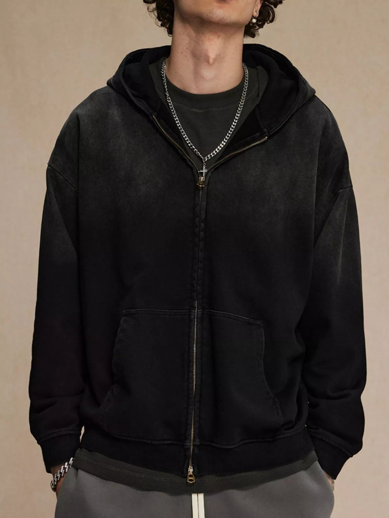 Men's Zip Up Long Sleeve Hoodie Spray Dye Black / S 