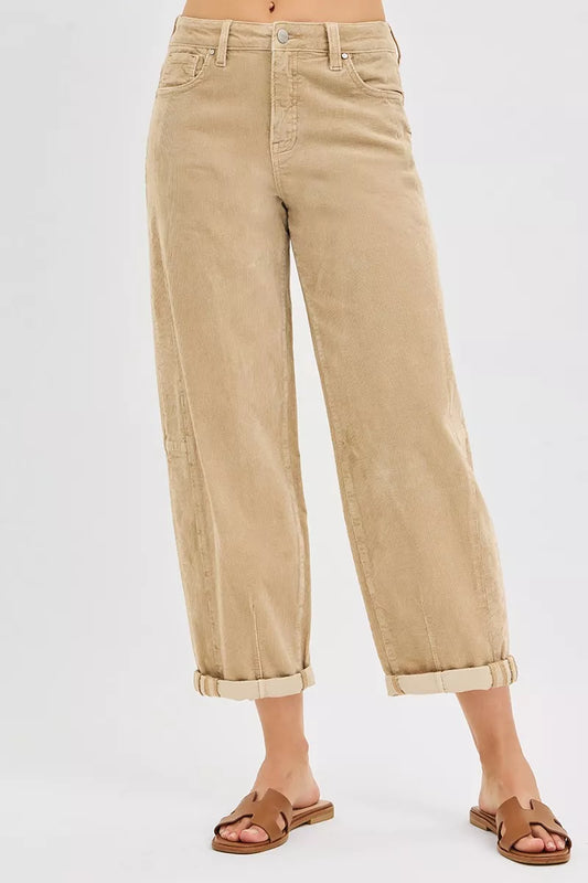 RISEN High Rise Crop Barrel Cordurory Pants TAN / 0 