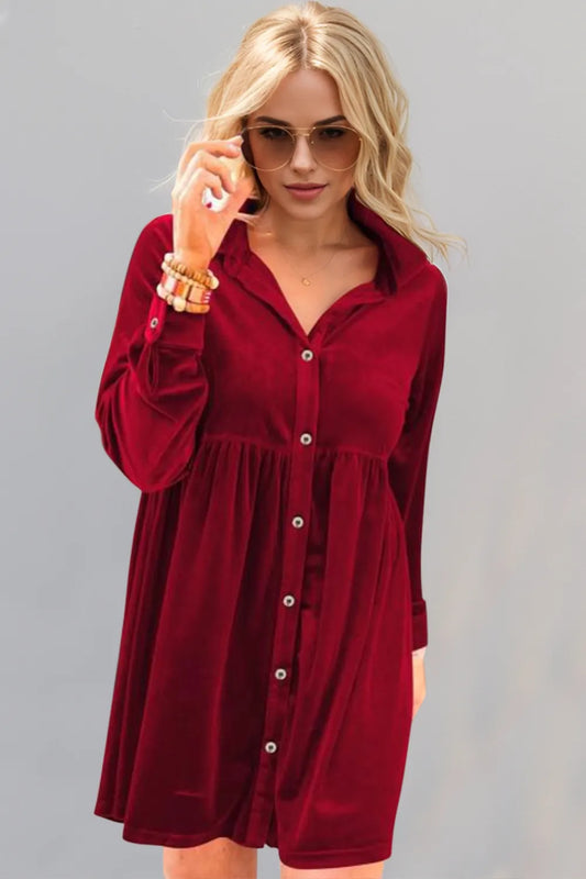 Oh Full Size Collared Neck Long Sleeve Mini Dress Deep Red / S 