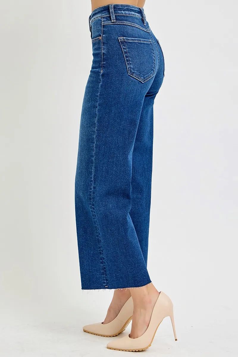 RISEN Full Size Tummy Control High Rise Wide Crop Jeans Plus Size DARK / 0 