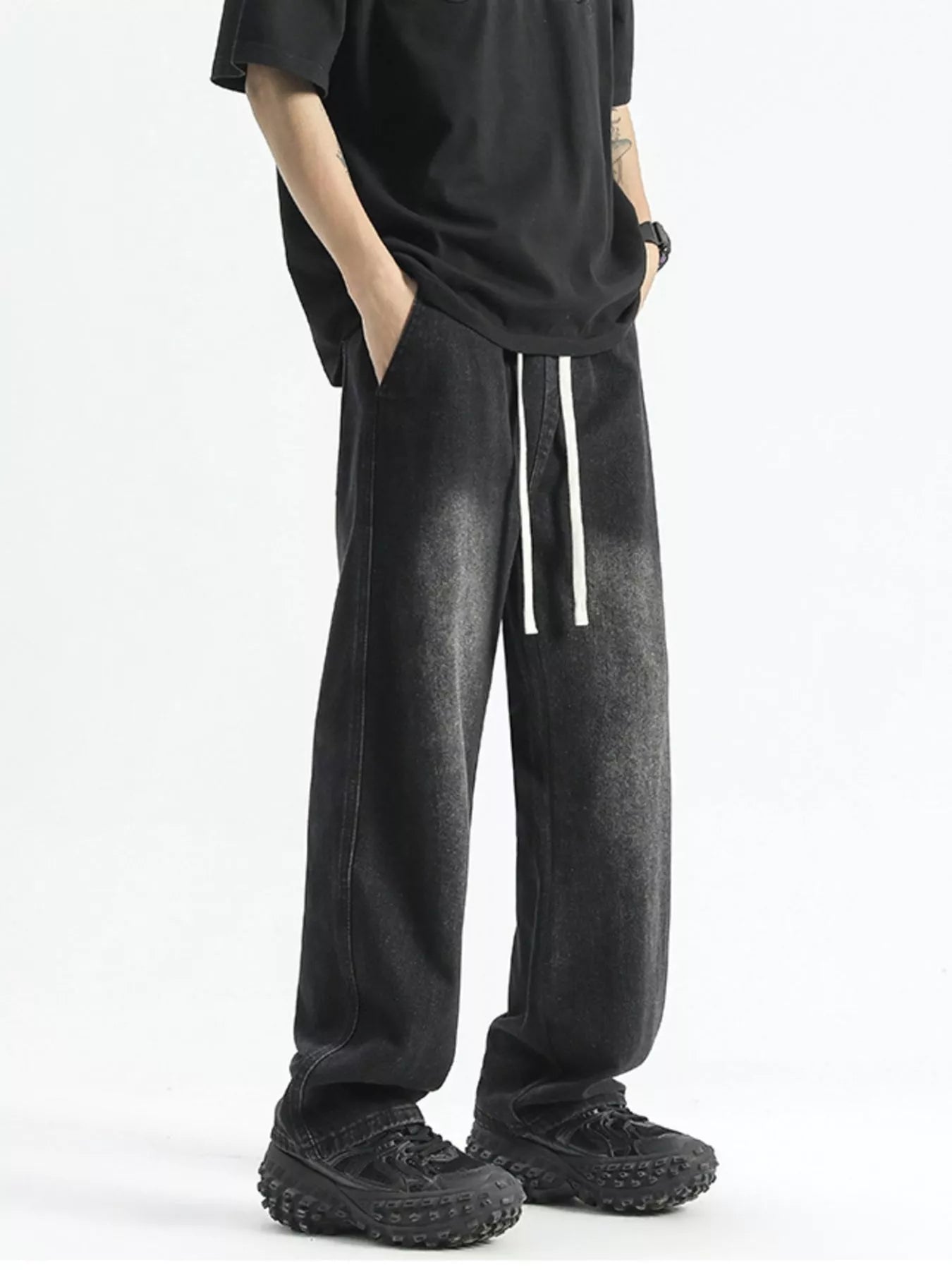 Men's Full Size Washed Wide Leg Drawstring Jeans Plus Size Polished Gray / S 
