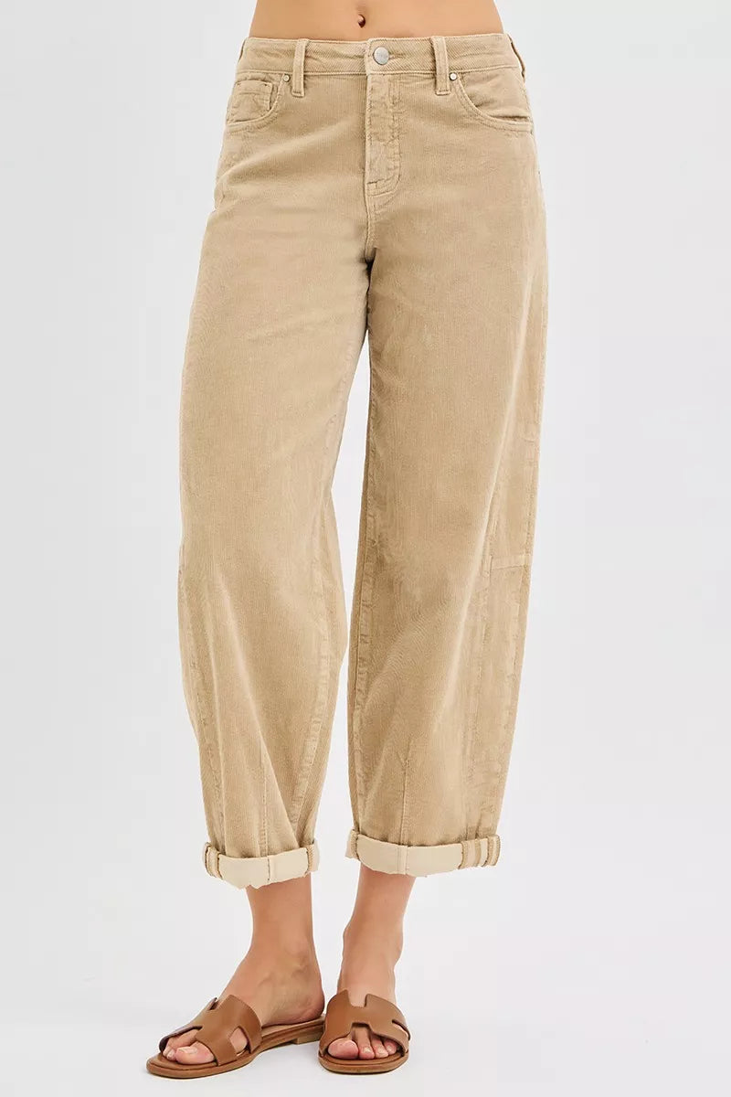 RISEN High Rise Crop Barrel Cordurory Pants TAN / 0 