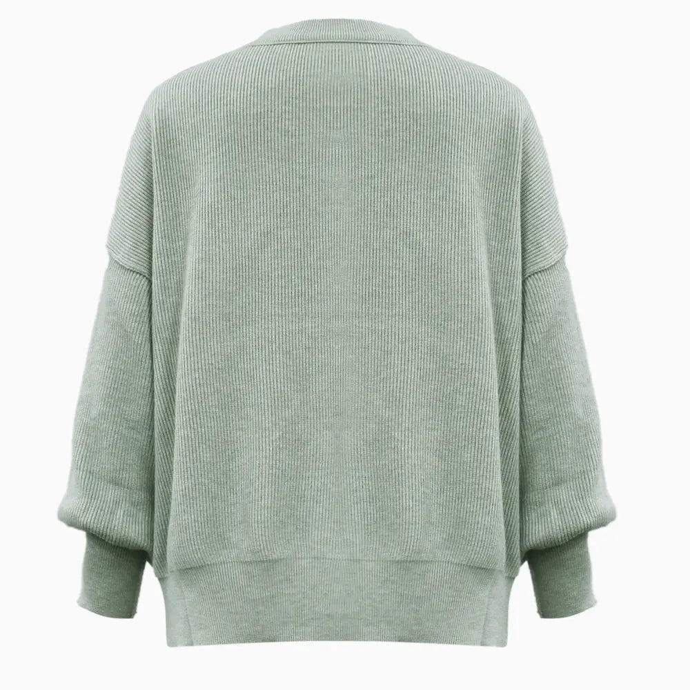 Round Neck Drop Shoulder Slit Sweater Sage / S 